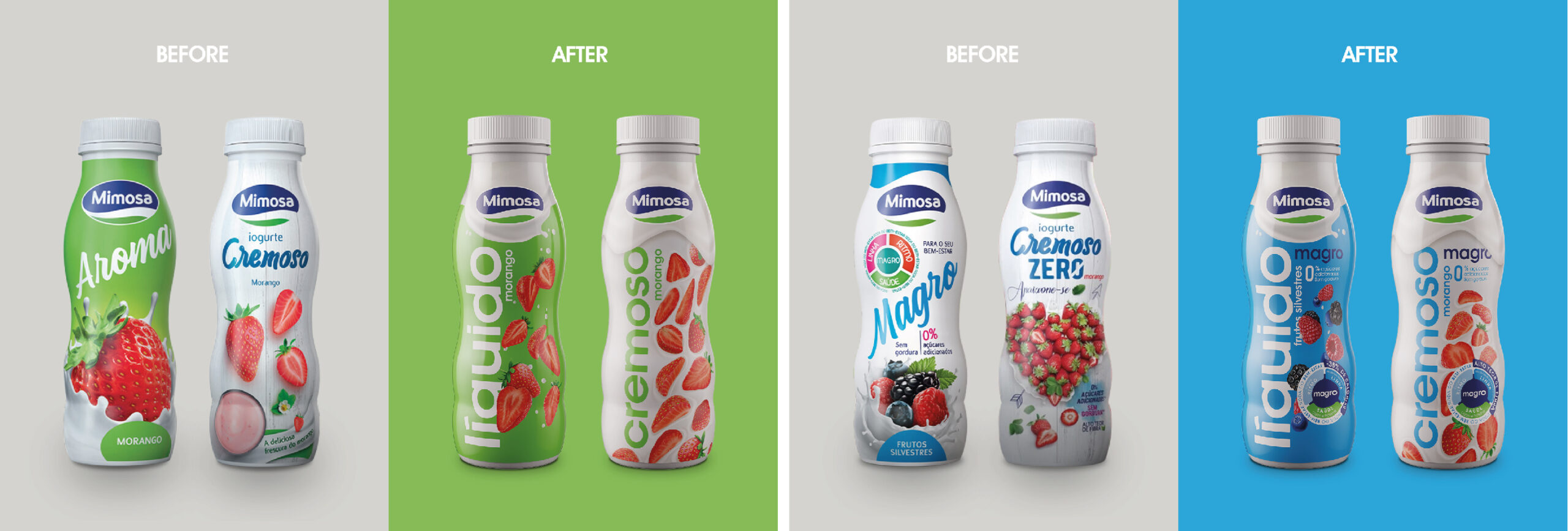 上海酸奶包装设计公司分享案例，Mimosa 是一个在乳制品行业拥有 50 多年经验的参考品牌，它的牛奶及酸奶产品包装设计在竞争激烈的酸奶行业感受到了一些挑战：其酸奶包装设计缺乏差异化和一致性，也没有传达出接近和信任的预期信息。因此，委托包装设计公司时它带着非常明确的目标与 VOLTA Studio 接洽：让其液态牛奶包装设计和奶油酸奶包装设计的形象更容易识别、更现代、线性更强。